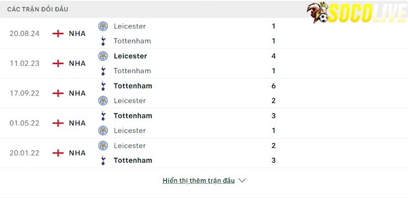 Thành tích đối đầu Tottenham vs Leicester 