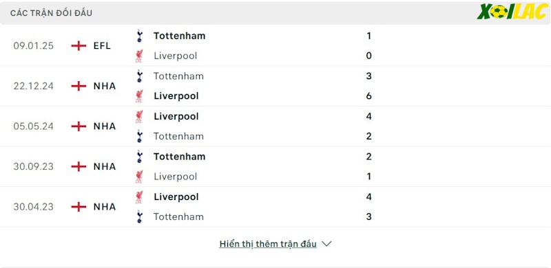 Thành tích đối đầu Liverpool vs Tottenham 