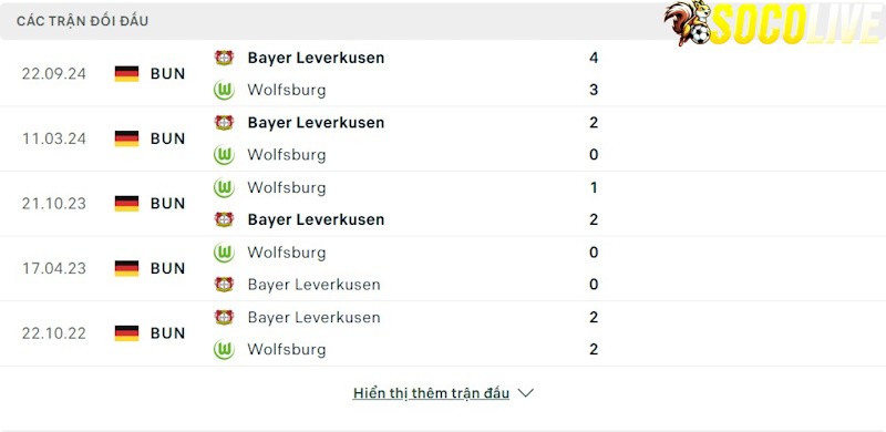 Thành tích đối đầu Wolfsburg vs Bayer Leverkusen 